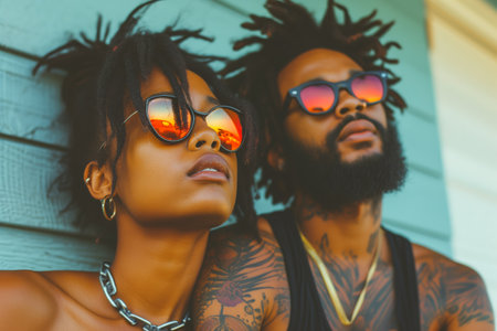 A man and a woman with tattoos and sunglasses posing together.の素材