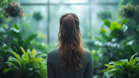 A woman with long hair stands gracefully in front of a vibrant garden of plants.の素材