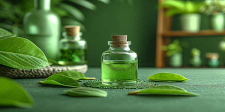 A tranquil scene featuring a small clear bottle filled with green essential oil, surrounded by fresh green leaves on a textured table surface, conveying a sense of natural wellness and purity.の素材
