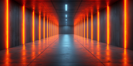 An empty corridor illuminated by vibrant orange neon lights, highlighting a modern, sleek design with a futuristic ambiance.の素材