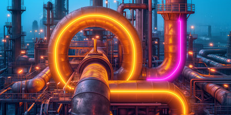 Futuristic industrial scene at night with glowing neon pipelines. Complex network of pipes at a refinery or chemical plant illuminated with colorful lights.の素材