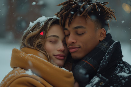A man and woman hug each other tightly in a beautiful snowy landscape.の素材