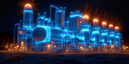 Nighttime image of a holographic industrial complex glowing in blue, showing futuristic technology in a field under a starry sky.の素材