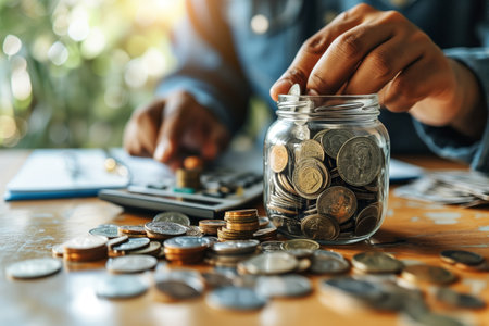 An individual placing money into a jar on a table.の素材