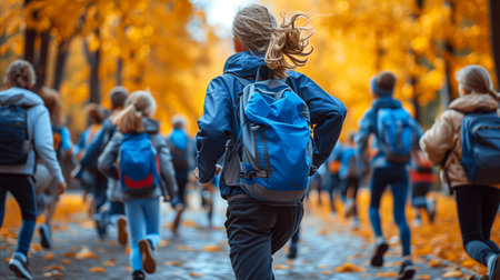 A group of children with backpacks running down a path in the wilderness.の素材