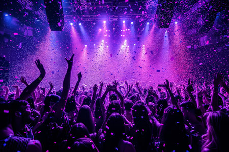 A massive gathering of people immersing themselves in the exhilarating atmosphere of a live music concert.の素材