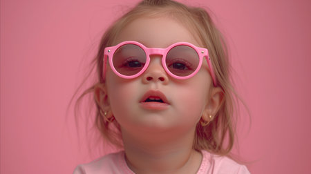 A young girl wearing pink sunglasses and a matching pink shirt outdoors.の素材