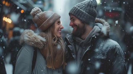 A man and a woman standing together in a snowy landscape.の素材