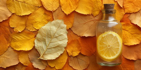 A flat lay of a transparent bottle with a slice of lemon on vibrant yellow autumn leaves. Perfect for fall themed wellness and hydration concepts.の素材