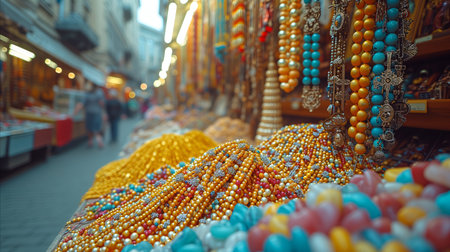 A stall displaying jewelry in a traditional market.の素材