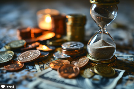 A pile of coins and an hourglass on a table, symbolizing the correlation between time and wealth.の素材