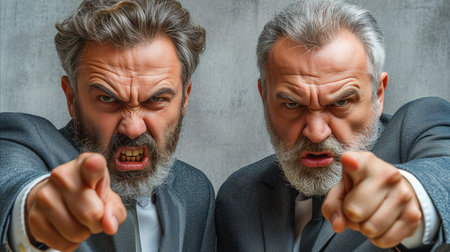 Two men wearing suits pointing their fingers directly towards the camera.の素材