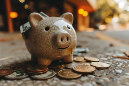 A piggy bank sits on top of a pile of coins, symbolizing the concept of saving money.の素材