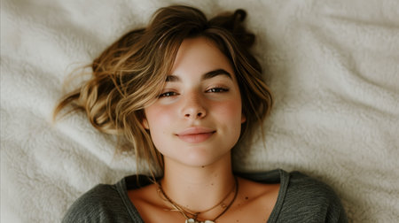A woman is pictured lying on top of a bed while wearing a necklace.の素材