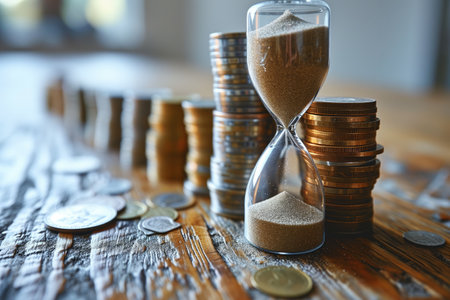 An hourglass on top of a stack of coins, representing the passage of time and the value of money.の素材