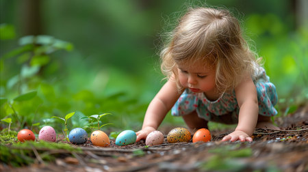 Little baby crawling to colorful painted eggs in the countryside.の素材