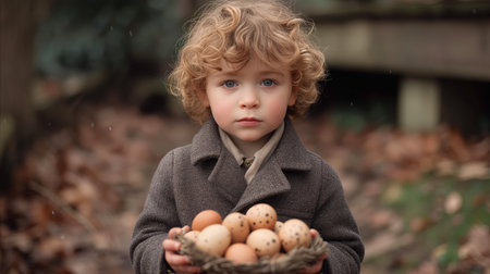 A child holding a basket filled with eggs.の素材