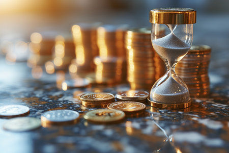 A pile of coins sits next to an hourglass, representing the intersection of time and financial abundance.の素材