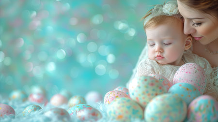 A mother posing with her baby in front of the painted colorful Easter eggs..の素材
