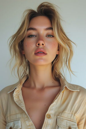 A woman with blonde hair wearing a button-up shirt.の素材