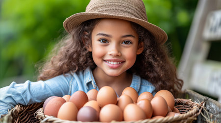 A little girl with a basket full of eggs in front of her.の素材