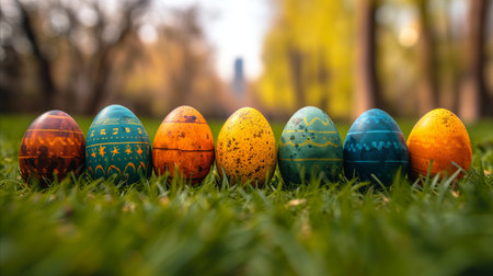 Rows of colorful Easter eggs lined up..の素材