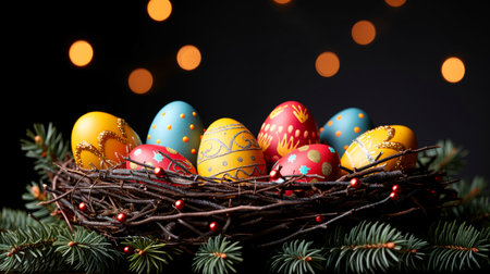 A photo of colorful eggs inside a basket..の素材