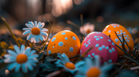 A photo of painted eggs in a garden filled with daisies.の素材