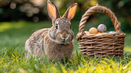 A rabbit standing next to a basket with colorful eggs in the meadows..の素材