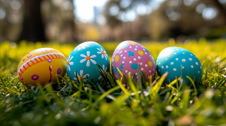Rows of colorful Easter eggs lined up..の素材