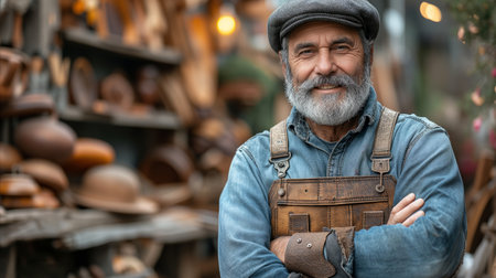 A man with a beard wearing a hat and overalls.の素材