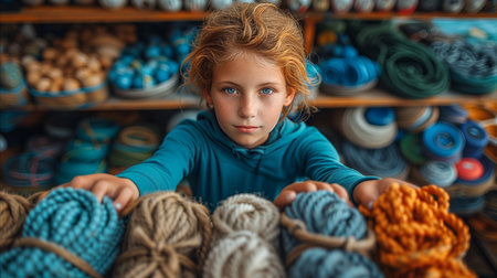 A young girl standing in front of colorful balls of yarn.の素材