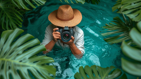 A person captures a photo of a pool using their camera.の素材