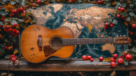 A guitar sitting on top of a wooden table.の素材