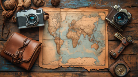 An old map featuring a camera and various items, perfectly capturing an adventurous spirit.の素材