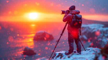 A man stands atop a majestic snow covered mountain, taking in the breathtaking view.の素材