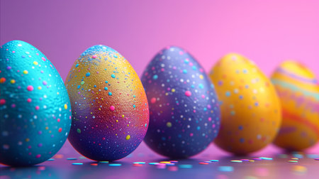 A vibrant row of painted eggs adorned with sprinkles, perfect for Easter celebrations.の素材