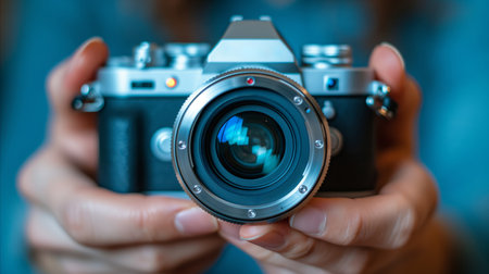 An individual holds a camera in their hands, ready to capture moments.の素材