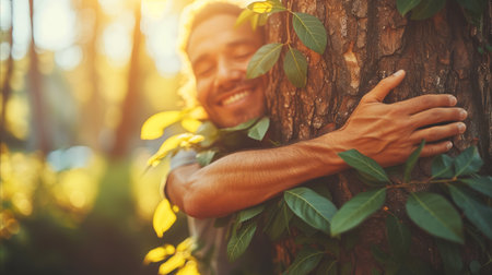 A man emotionally embraces a tree, finding solace and connection in the serene and peaceful woodland.の素材