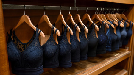 Array of bras displayed on a rack, available for purchase or browsing.の素材