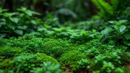 A breathtaking view of a lush green forest teeming with abundant plant species.の素材