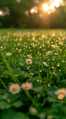 A vibrant field filled with wild daisies contrasting against a lush green grass landscape.の素材