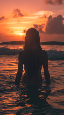 A woman gracefully stands in the ocean as the orange hues of sunset illuminate the serene waters around her.の素材