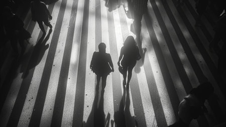 A diverse group of individuals walking across a busy street on a sunny day in the city.の素材