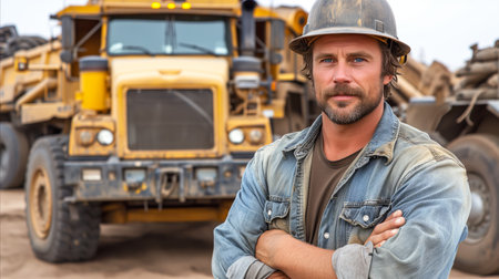 A man stands confidently in front of a massive truck, full of strength and determination.の素材