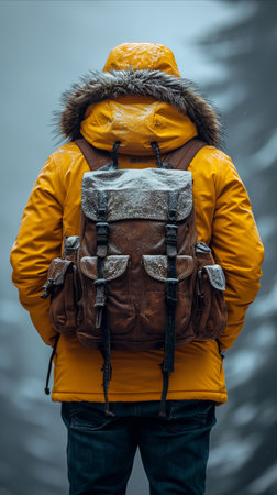 A person wearing a yellow jacket and carrying a backpack.の素材