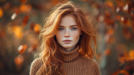 A red-haired woman wearing a turtleneck sweater poses for a portrait.の素材
