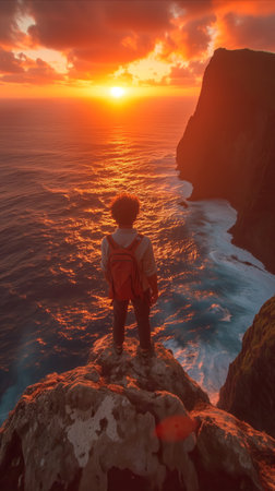 A person stands atop a rock near the ocean, enjoying the beautiful view.の素材