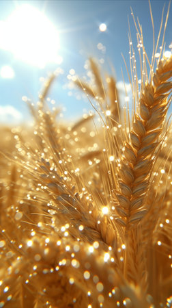 A stunning close-up of a wheat field bathed in golden sunlight with the sun setting in the background.の素材