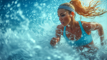 A woman gracefully dashes through the water.の素材